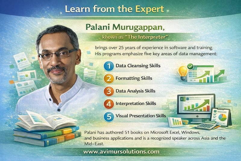 Infographic: Palani Murugappan's five key areas of data management, with 25+ years of experience and 51 published books