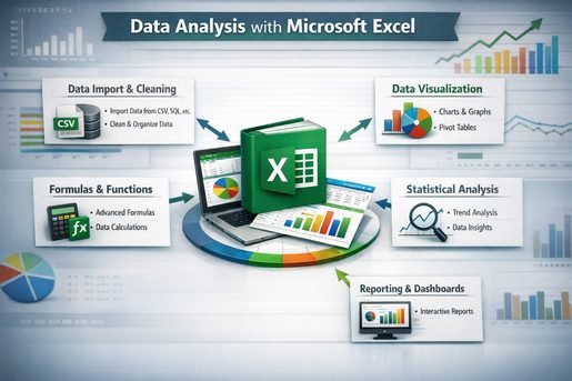 Diagram of data analysis with Microsoft Excel: import and cleaning, formulas, visualization, statistical analysis, and dashboards