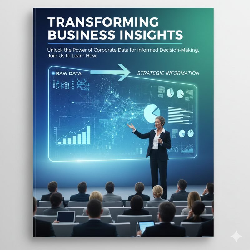 Presenter showing how corporate data becomes strategic information for decision-making
