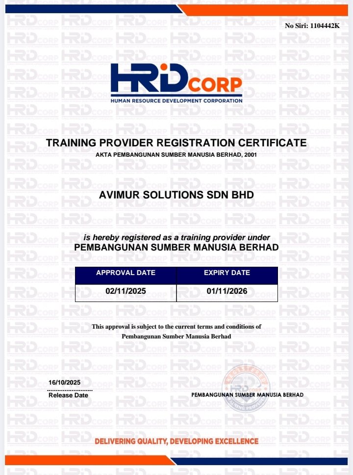 HRD Corp Training Provider Registration Certificate issued to Avimur Solutions Sdn Bhd